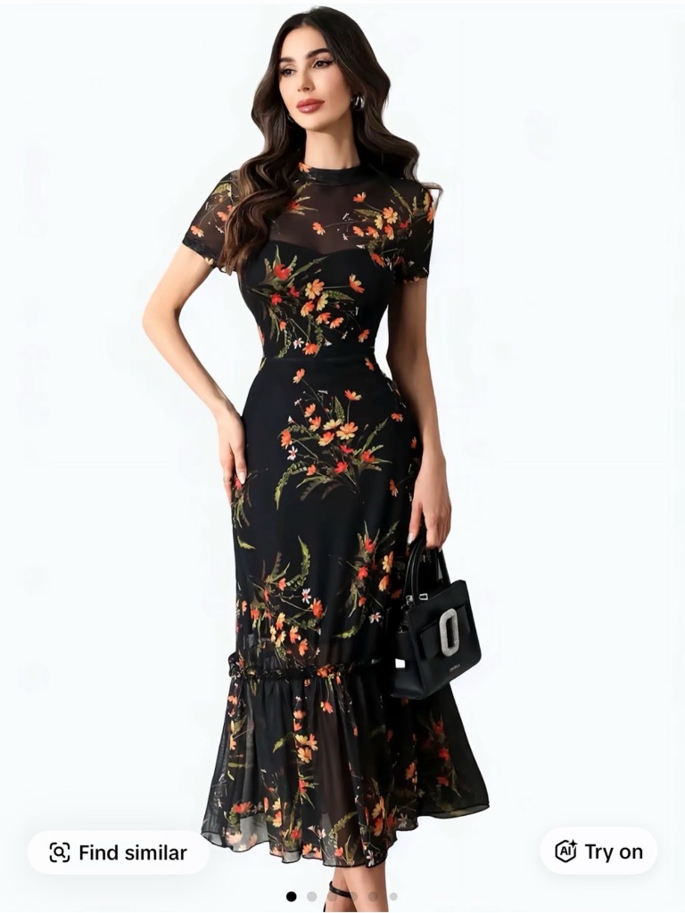 Black Floral Mesh Midi Dress with Ruffle Hem